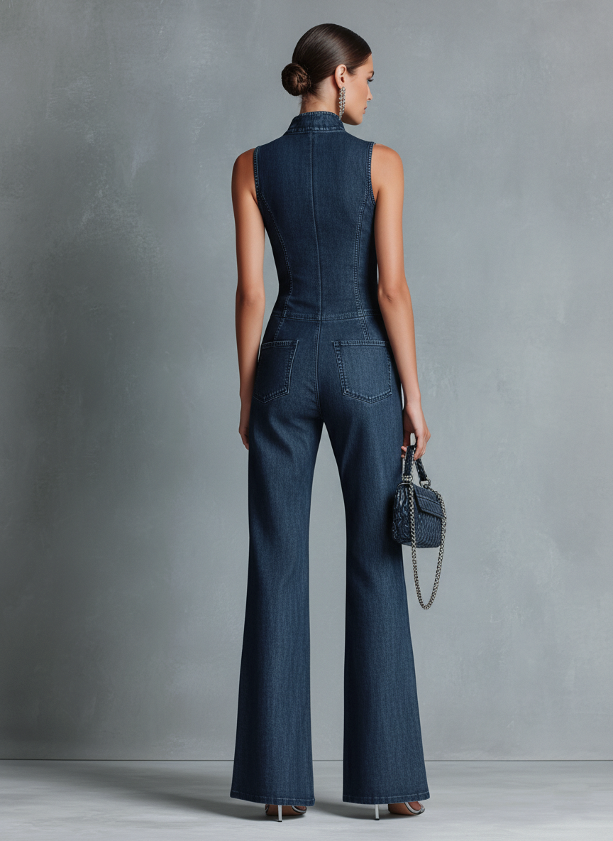 Valentine - Combinaison sans manches en denim bleu foncé à col montant évasé de style rétro