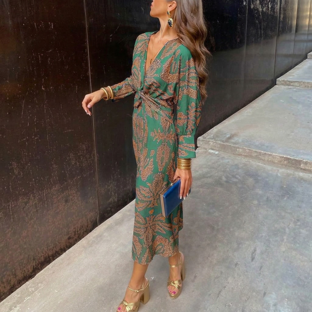 Margot – Robe Midi Élégante avec Nœud à la Taille et Imprimé Artistique