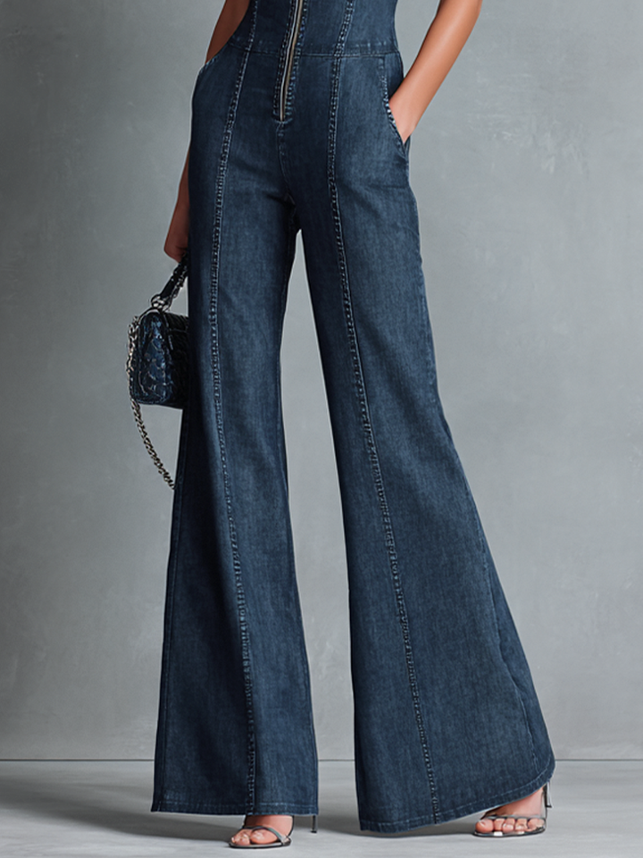 Valentine - Combinaison sans manches en denim bleu foncé à col montant évasé de style rétro