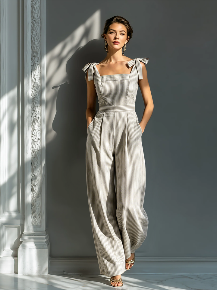 Céleste - Combinaison en Lin Mélangé Rayée Beige et Blanche