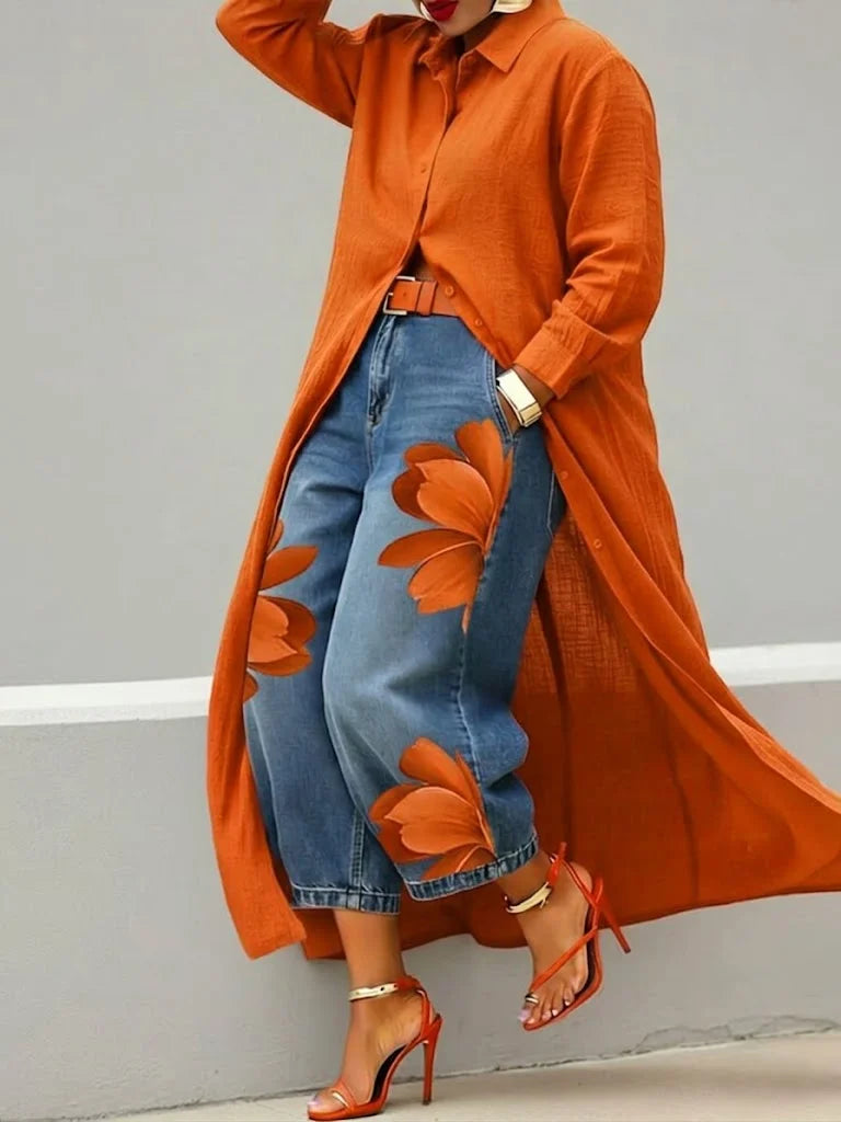 Maud | Ensemble chemise longue et jean à fleurs
