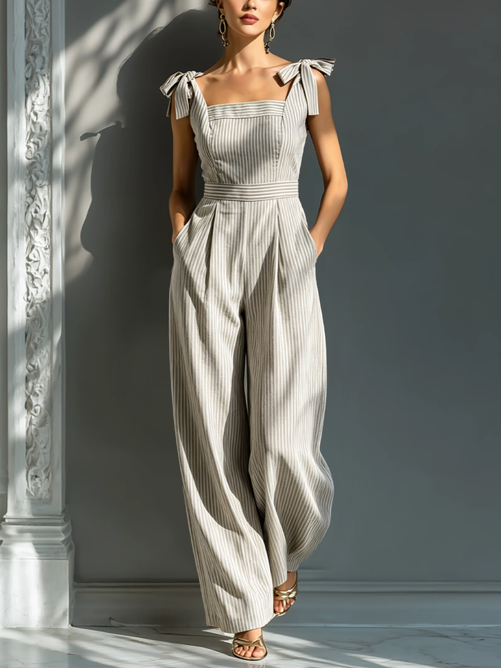 Céleste - Combinaison en Lin Mélangé Rayée Beige et Blanche