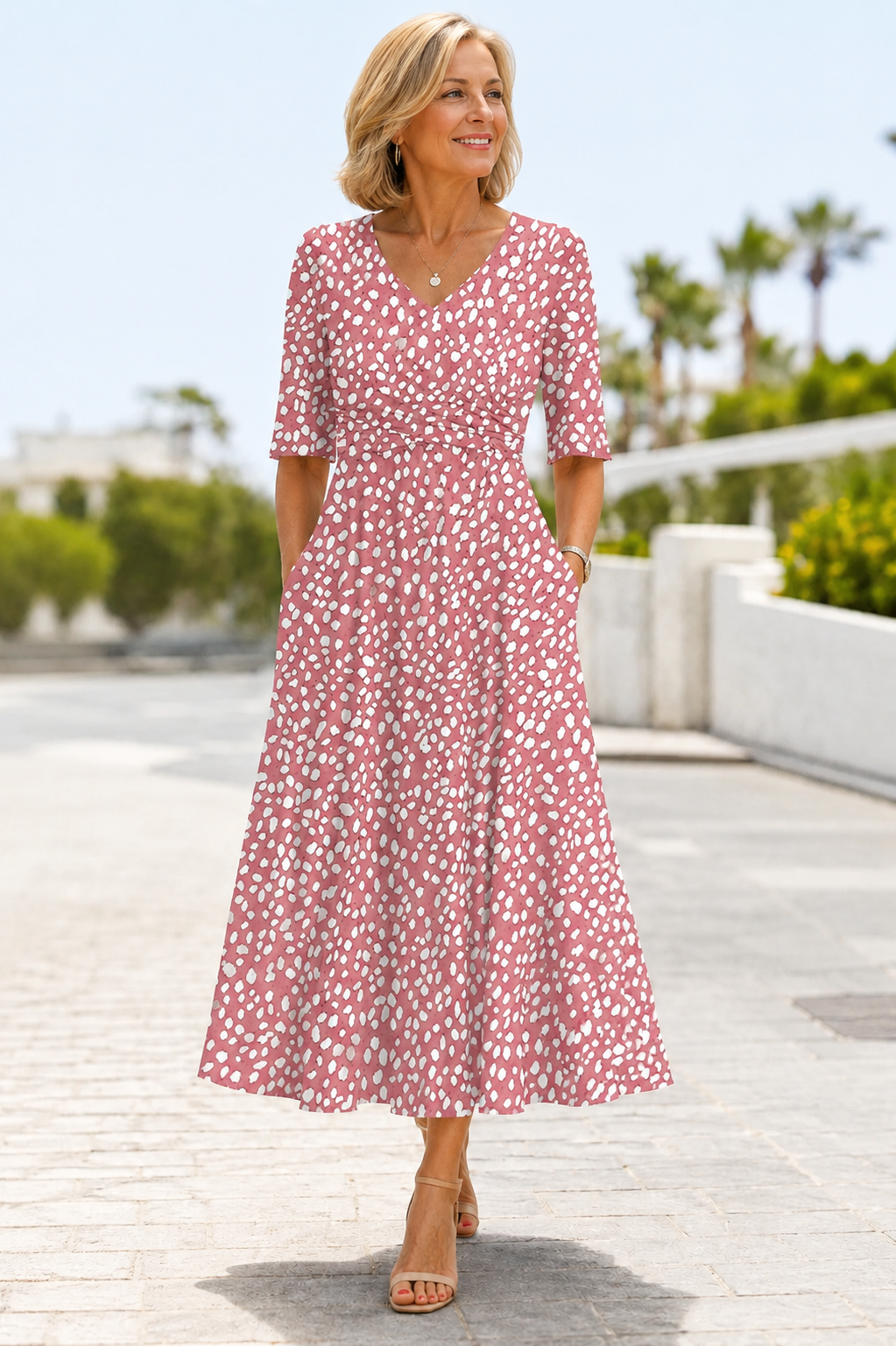 COLETTE | ROBE MIDI À POIS ÉLÉGANTE ET FLATTEUSE POUR LE VENTRE