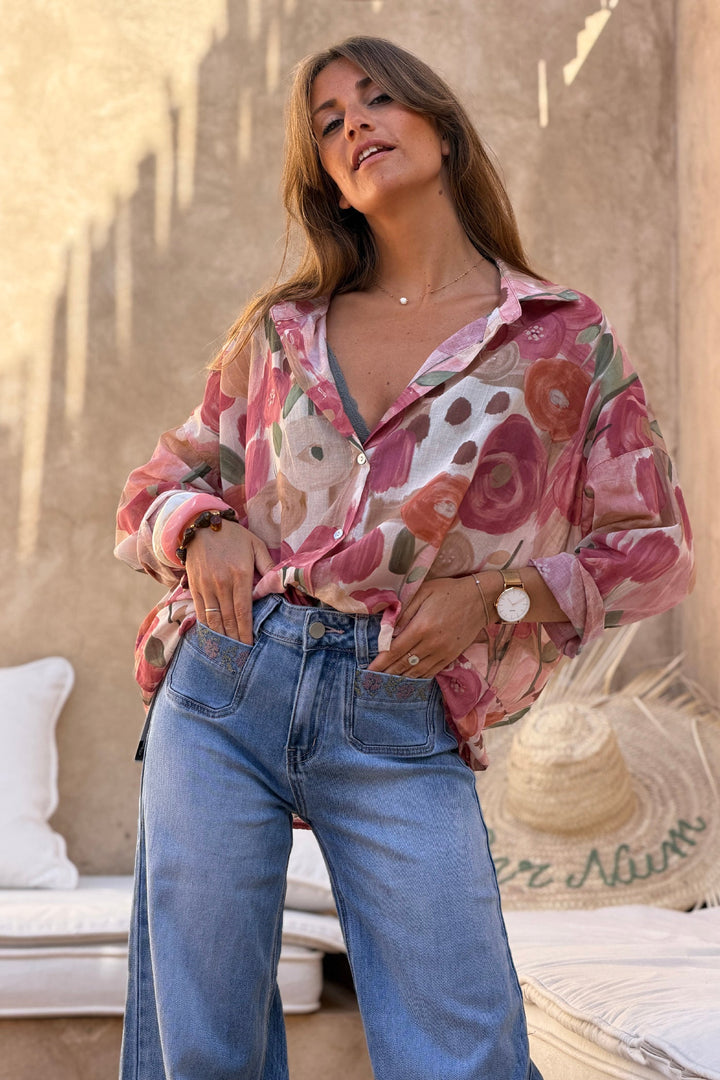Pink Spring Floral Cotton Button-Down Blouse