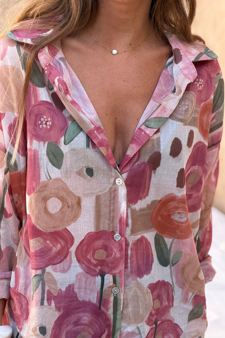 Pink Spring Floral Cotton Button-Down Blouse