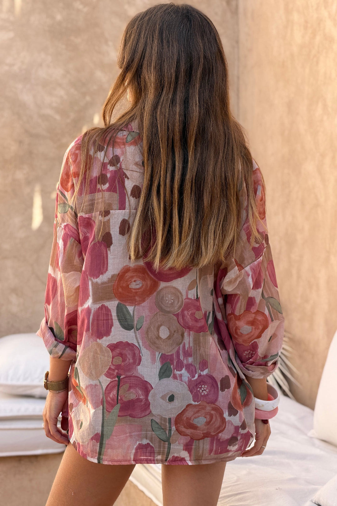 Pink Spring Floral Cotton Button-Down Blouse