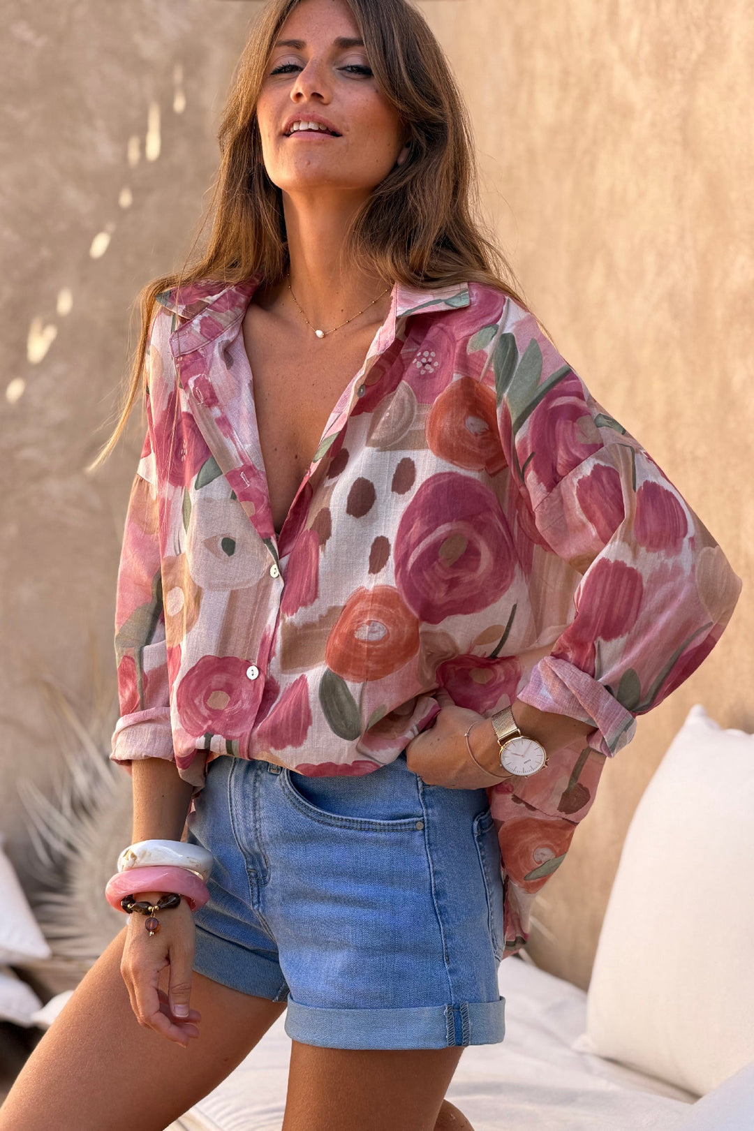 Pink Spring Floral Cotton Button-Down Blouse