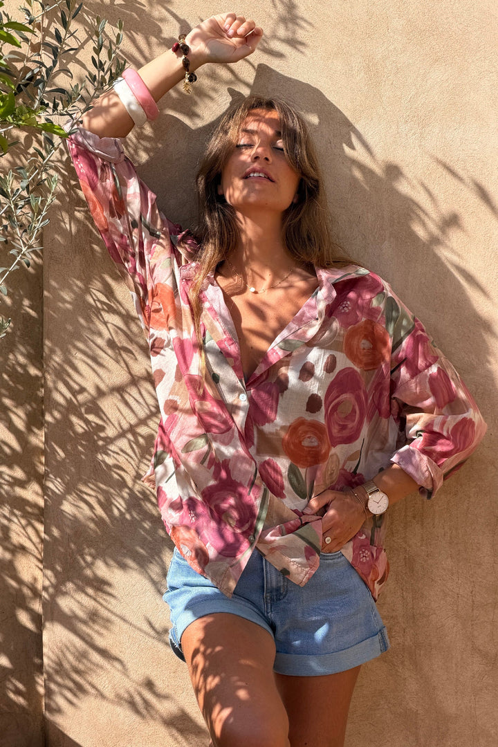Pink Spring Floral Cotton Button-Down Blouse
