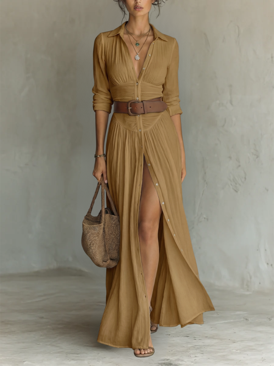 Robe Maxi en Lin à Col Revers et Manches Longues pour Femme