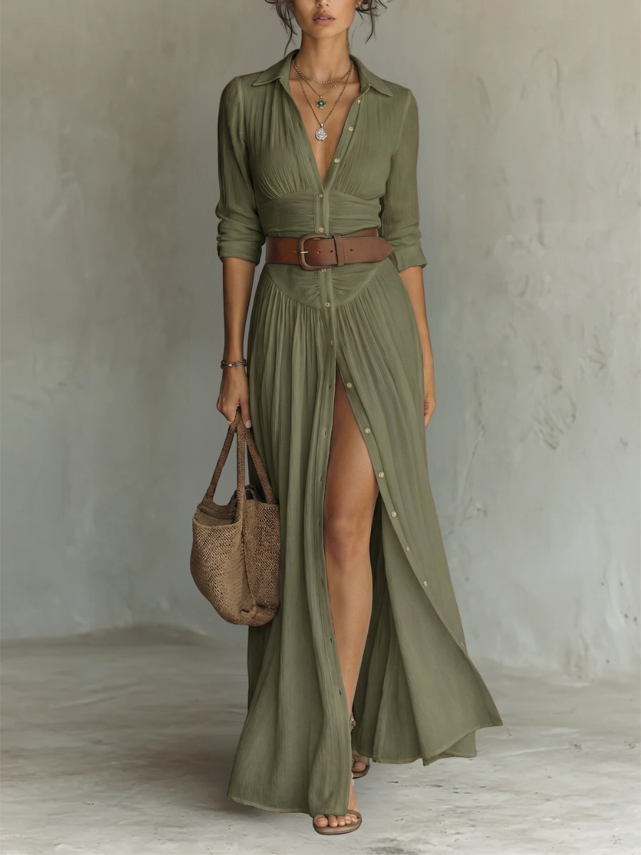 Robe Maxi en Lin à Col Revers et Manches Longues pour Femme