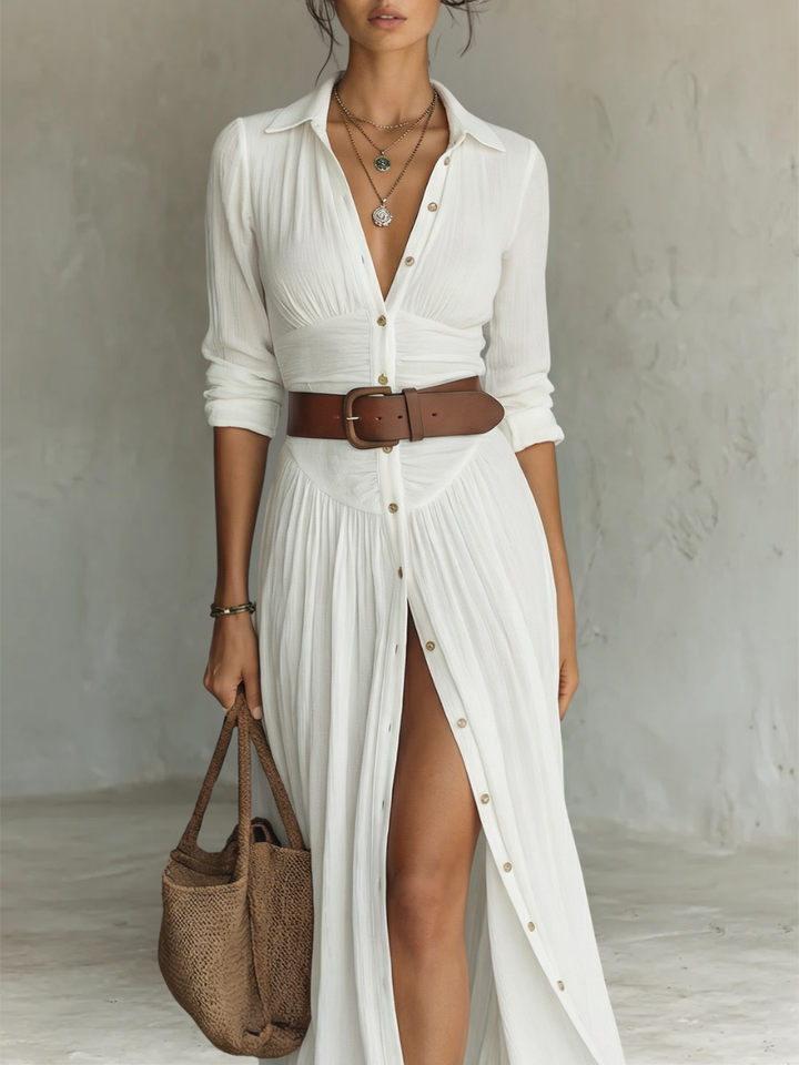 Robe Maxi en Lin à Col Revers et Manches Longues pour Femme