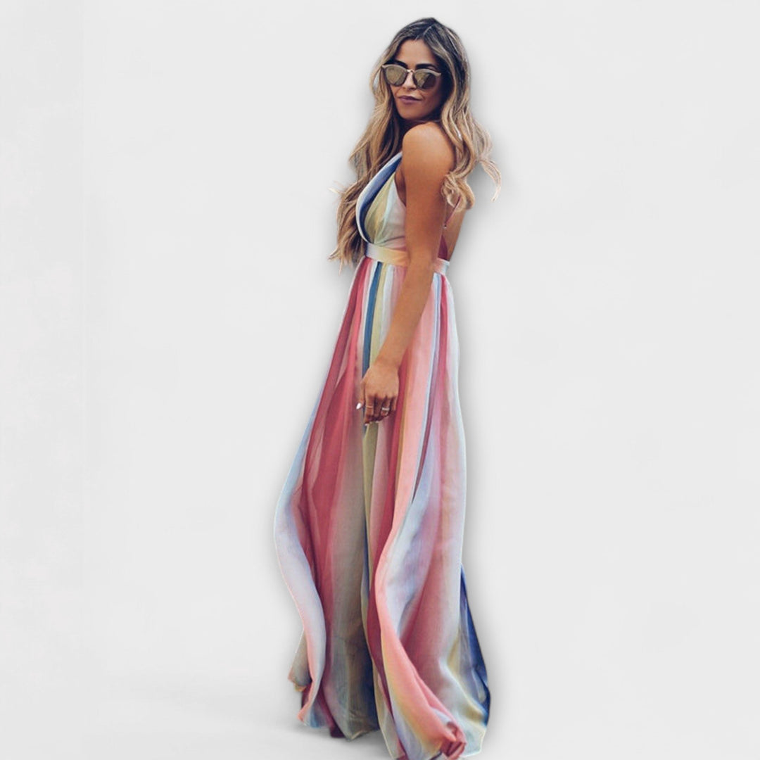 Robe Femme Rayée Multicolore avec Décolleté en V