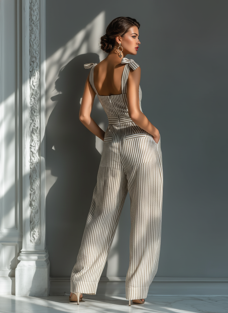 Céleste - Combinaison en Lin Mélangé Rayée Beige et Blanche