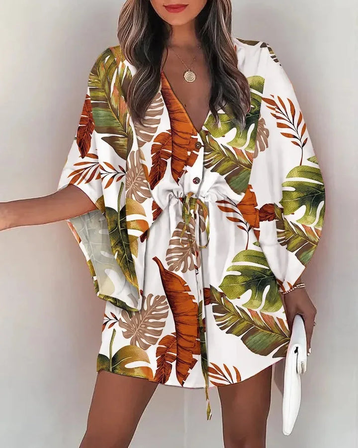 Robe d'été pour femme 2024, imprimé floral, manches chauve-souris mi-longues, col en V, volants, ourlet asymétrique, style bohème décontracté.
