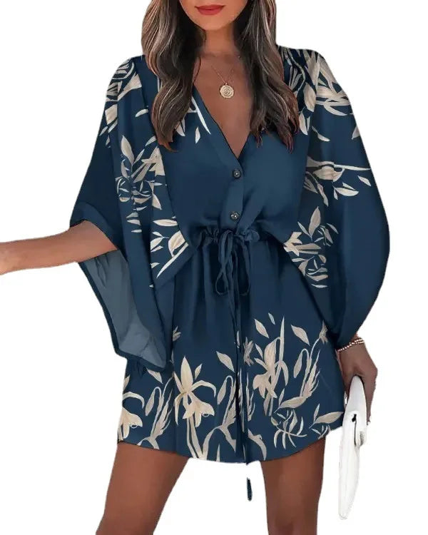 Robe d'été pour femme 2024, imprimé floral, manches chauve-souris mi-longues, col en V, volants, ourlet asymétrique, style bohème décontracté.