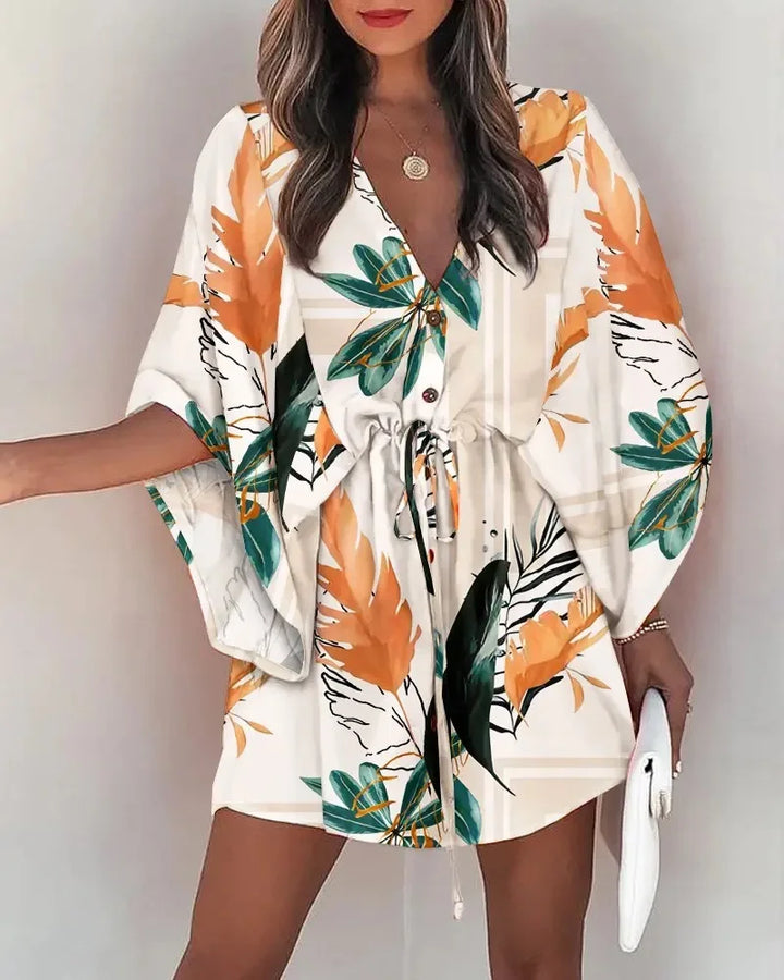 Robe d'été pour femme 2024, imprimé floral, manches chauve-souris mi-longues, col en V, volants, ourlet asymétrique, style bohème décontracté.