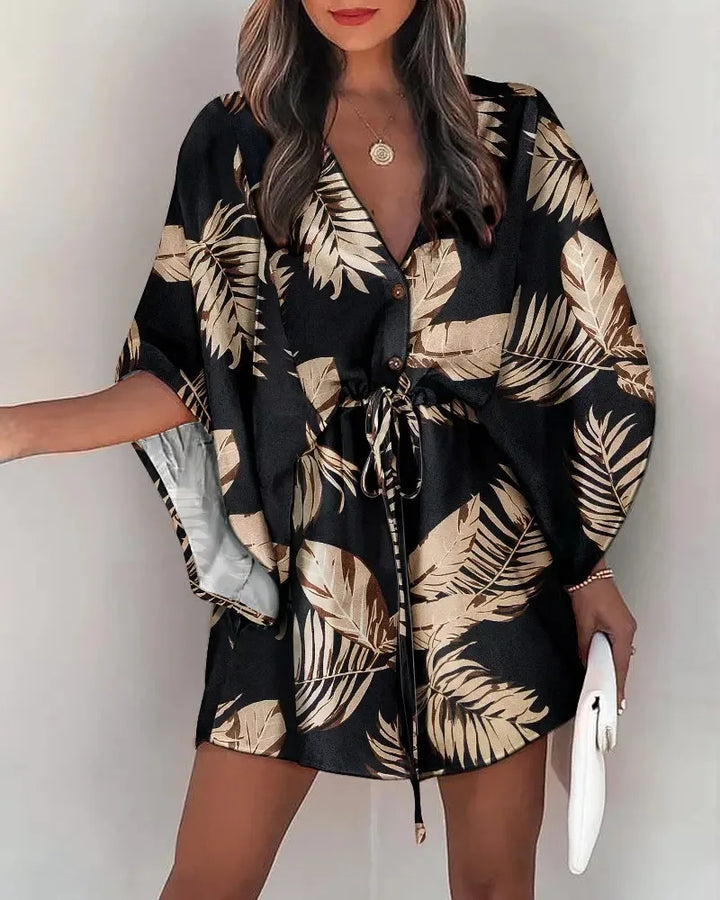 Robe d'été pour femme 2024, imprimé floral, manches chauve-souris mi-longues, col en V, volants, ourlet asymétrique, style bohème décontracté.