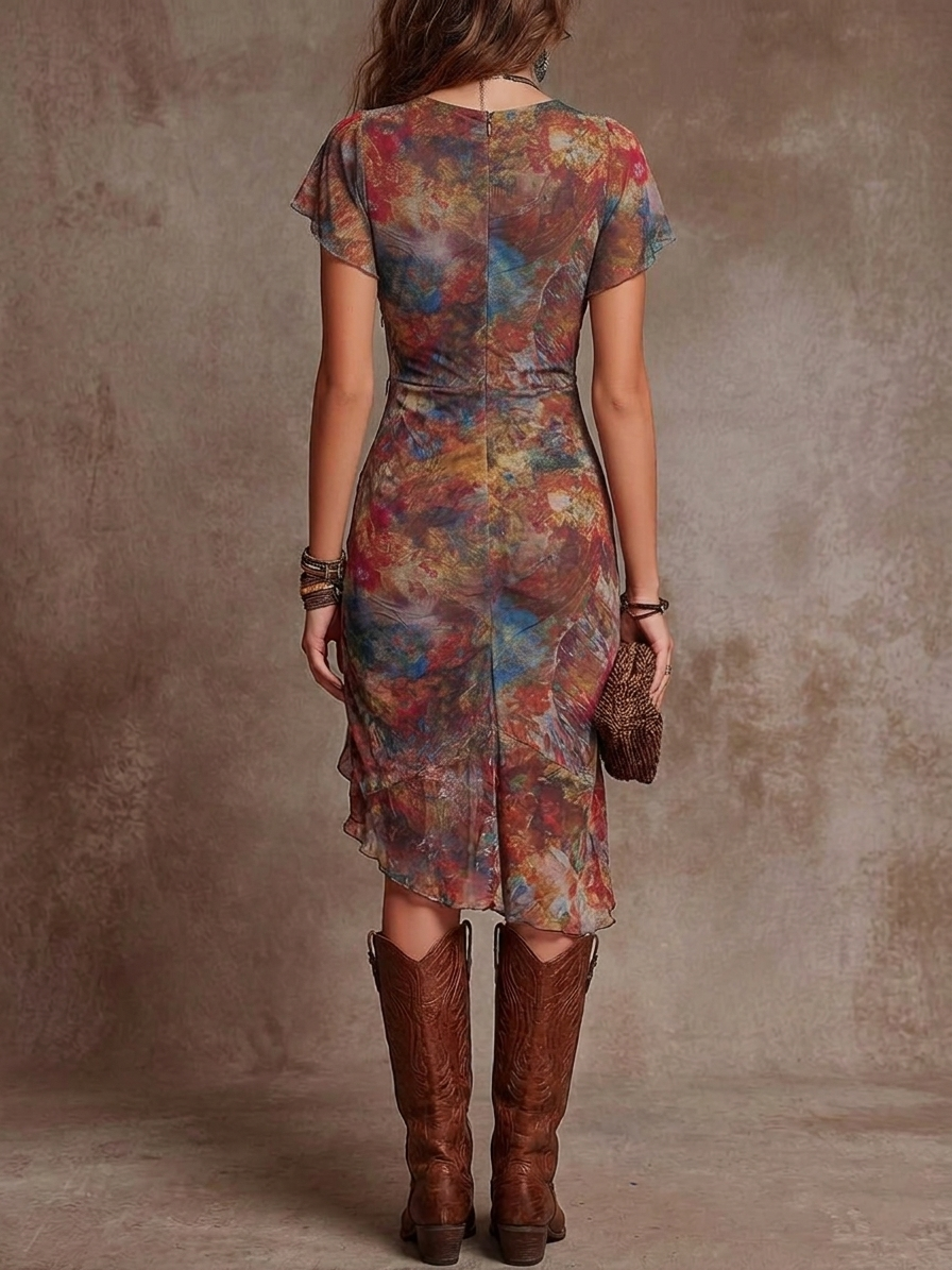 Caterina | Robe midi plissée col V imprimé bohème