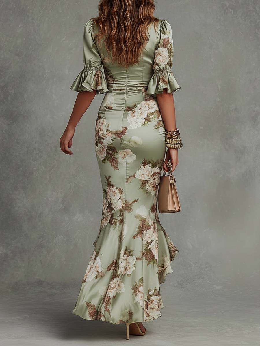 Anastasia | Robe longue en satin à imprimé floral