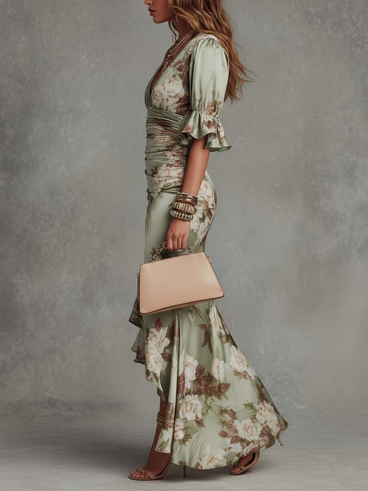 Anastasia | Robe longue en satin à imprimé floral