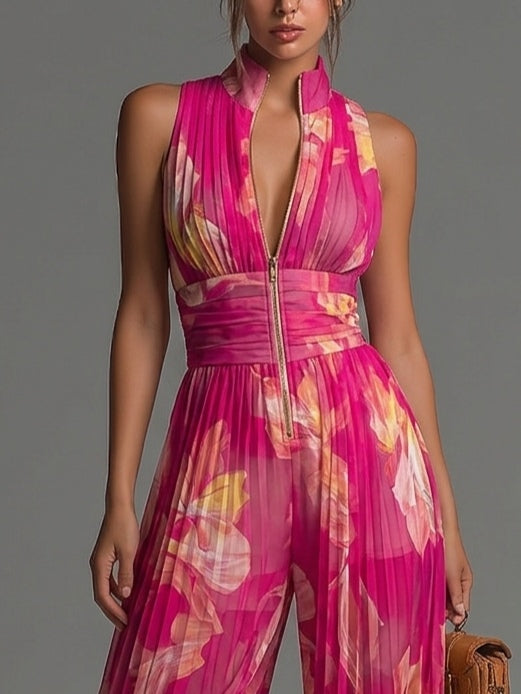 Nicole | Combinaison en mousseline de soie plissée à imprimé floral fuchsia