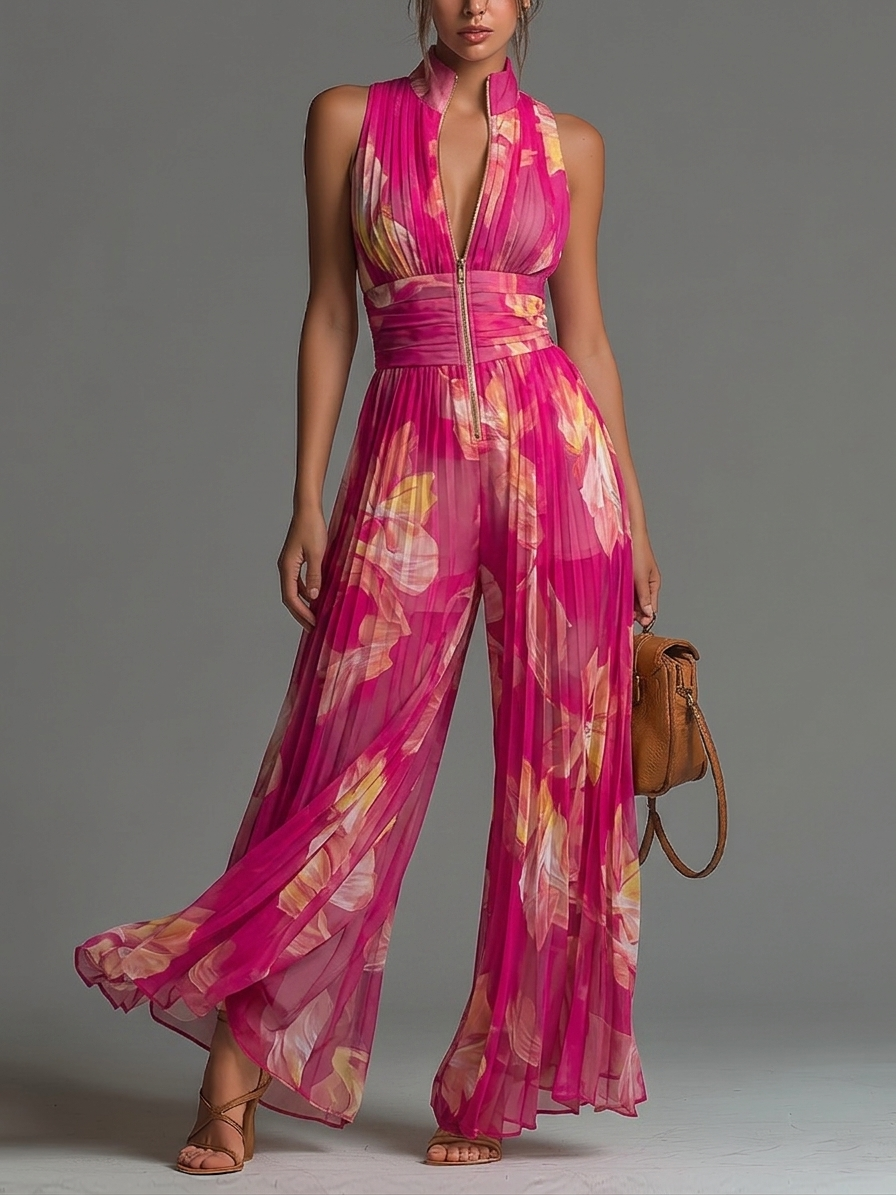 Nicole | Combinaison en mousseline de soie plissée à imprimé floral fuchsia