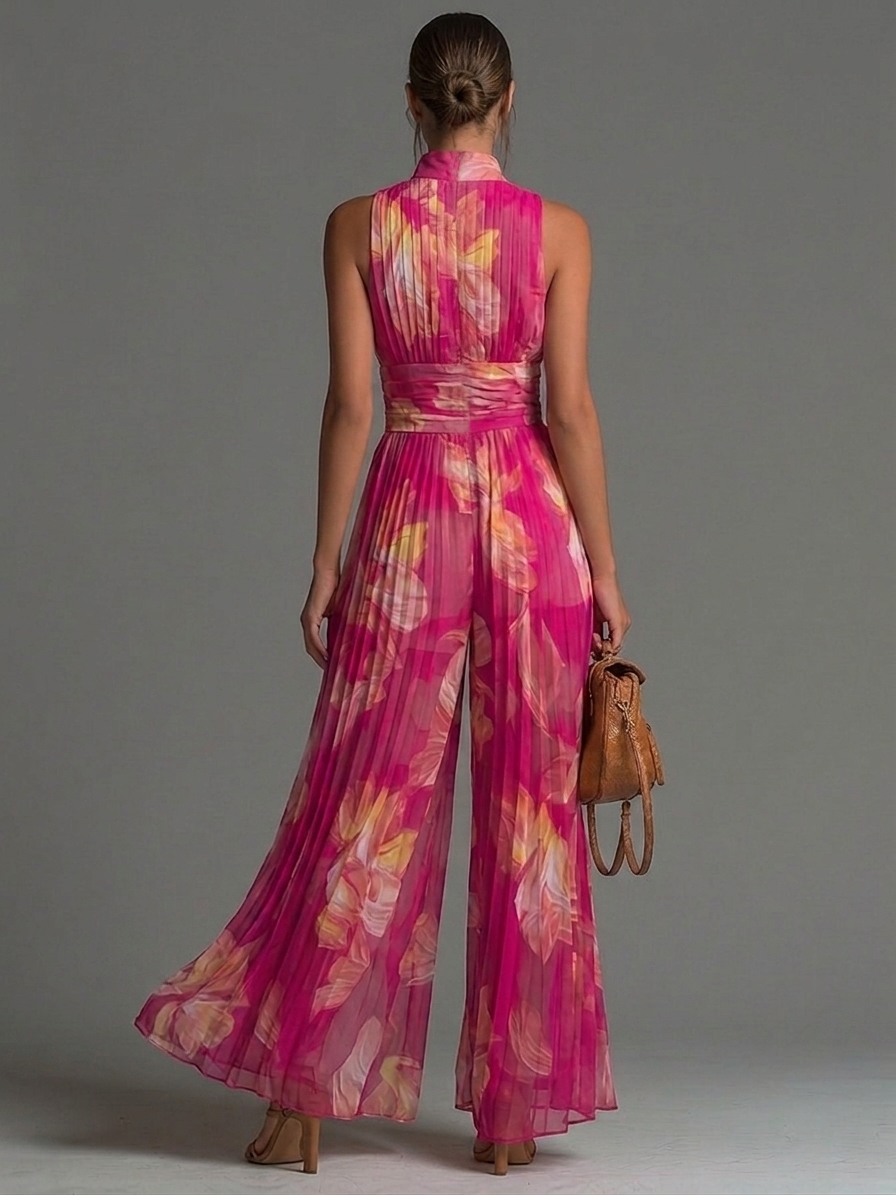 Nicole | Combinaison en mousseline de soie plissée à imprimé floral fuchsia