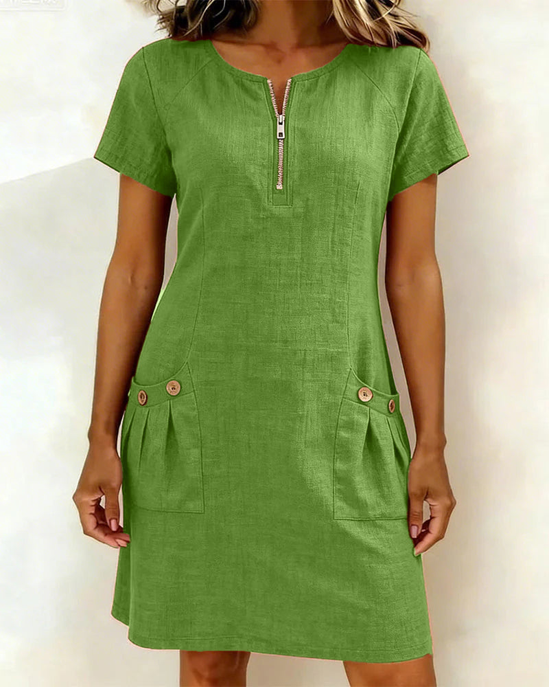 Amelie | Robe en coton et lin avec fermeture éclair et poches