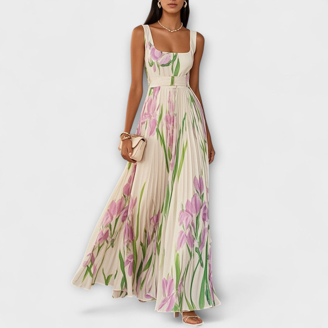 Robe Maxi Chiffon Fleurie Pliée