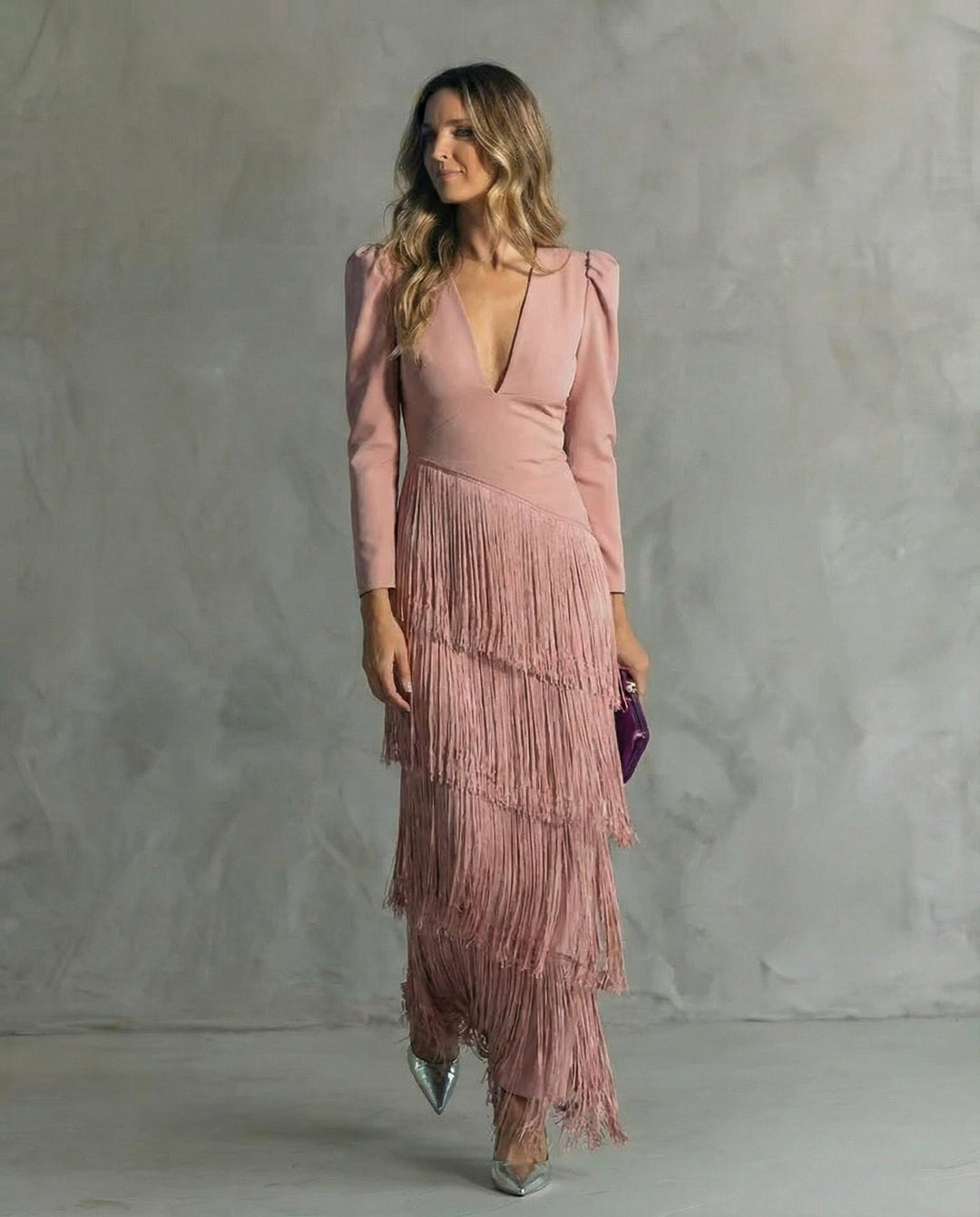 Claudia | Abito midi elegante con maniche a frange