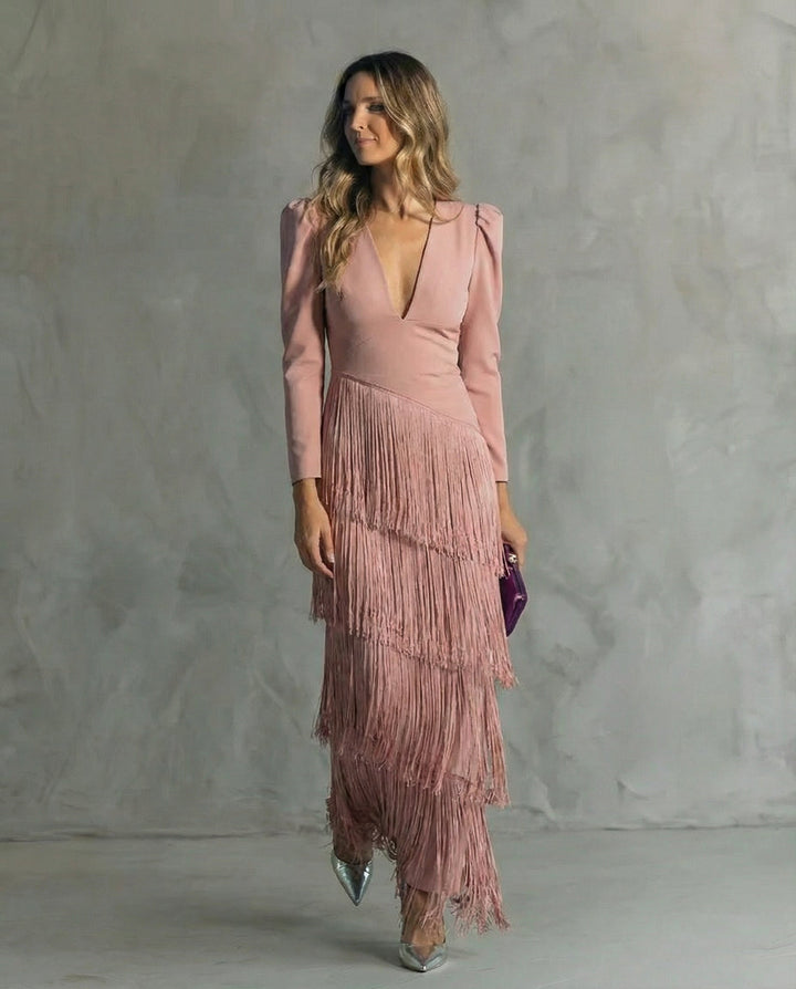 Claudia | Abito midi elegante con maniche a frange