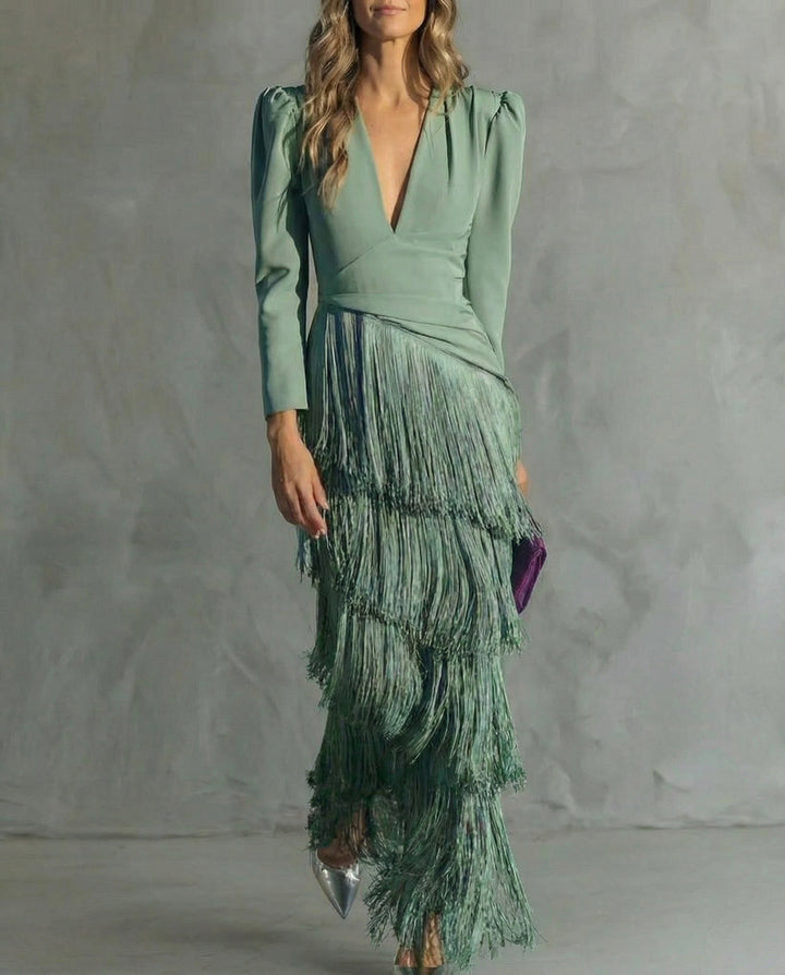 Claudia | Abito midi elegante con maniche a frange