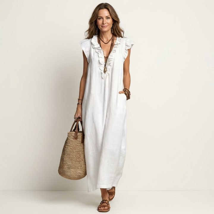Anita | Robe longue à col en V et volants
