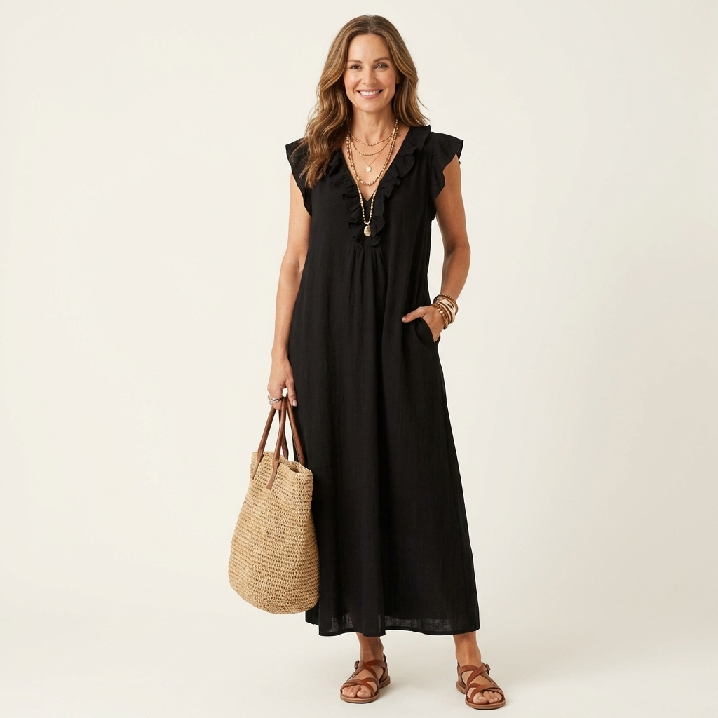 Anita | Robe longue à col en V et volants
