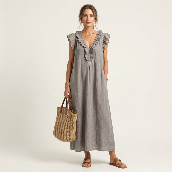 Anita | Robe longue à col en V et volants