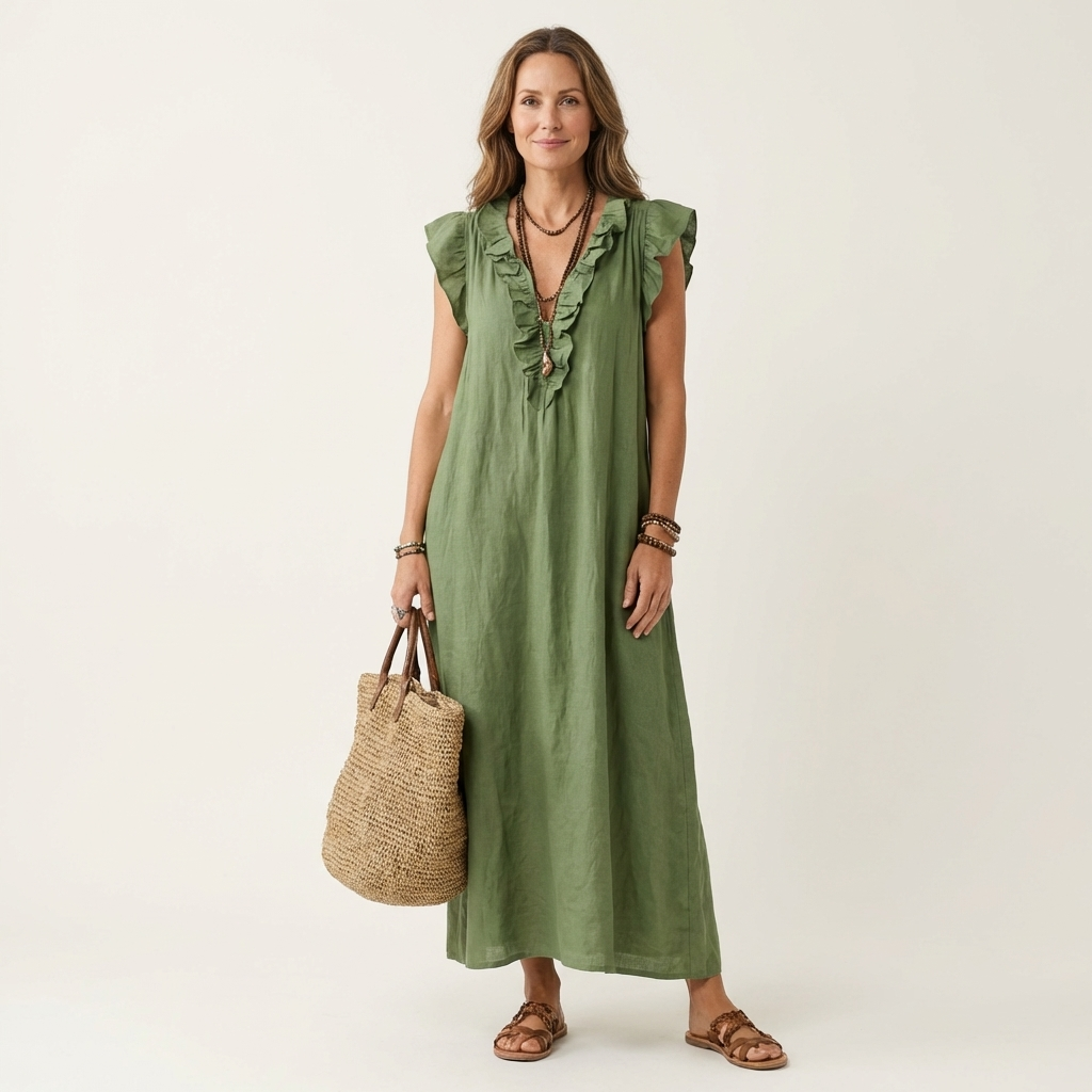 Anita | Robe longue à col en V et volants