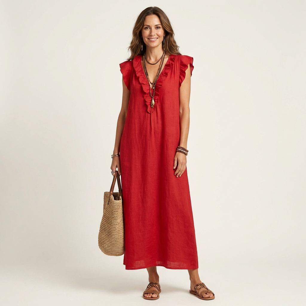 Anita | Robe longue à col en V et volants