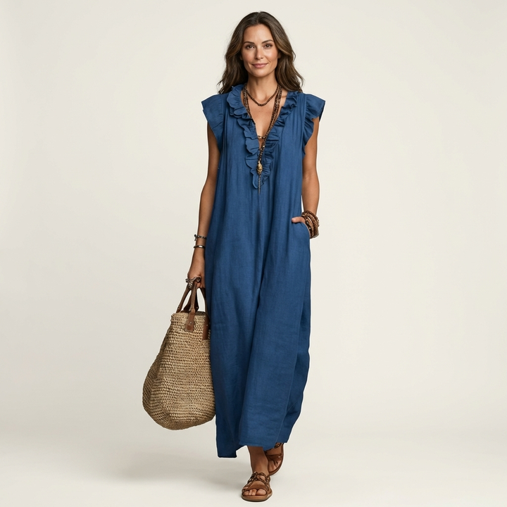 Anita | Robe longue à col en V et volants