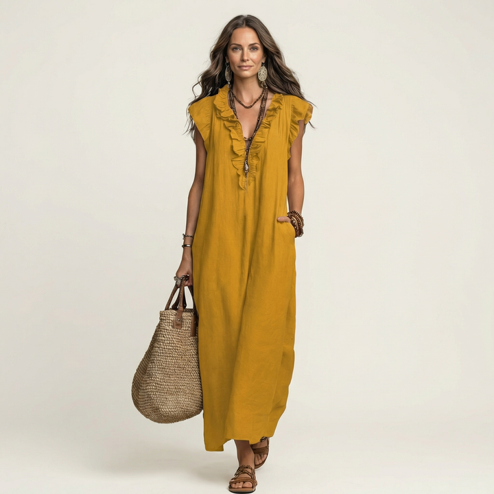 Anita | Robe longue à col en V et volants