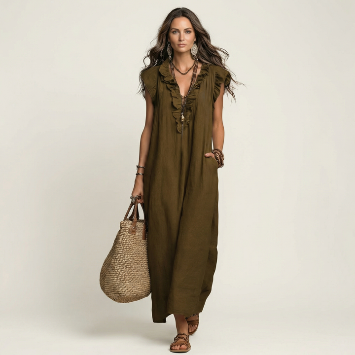 Anita | Robe longue à col en V et volants