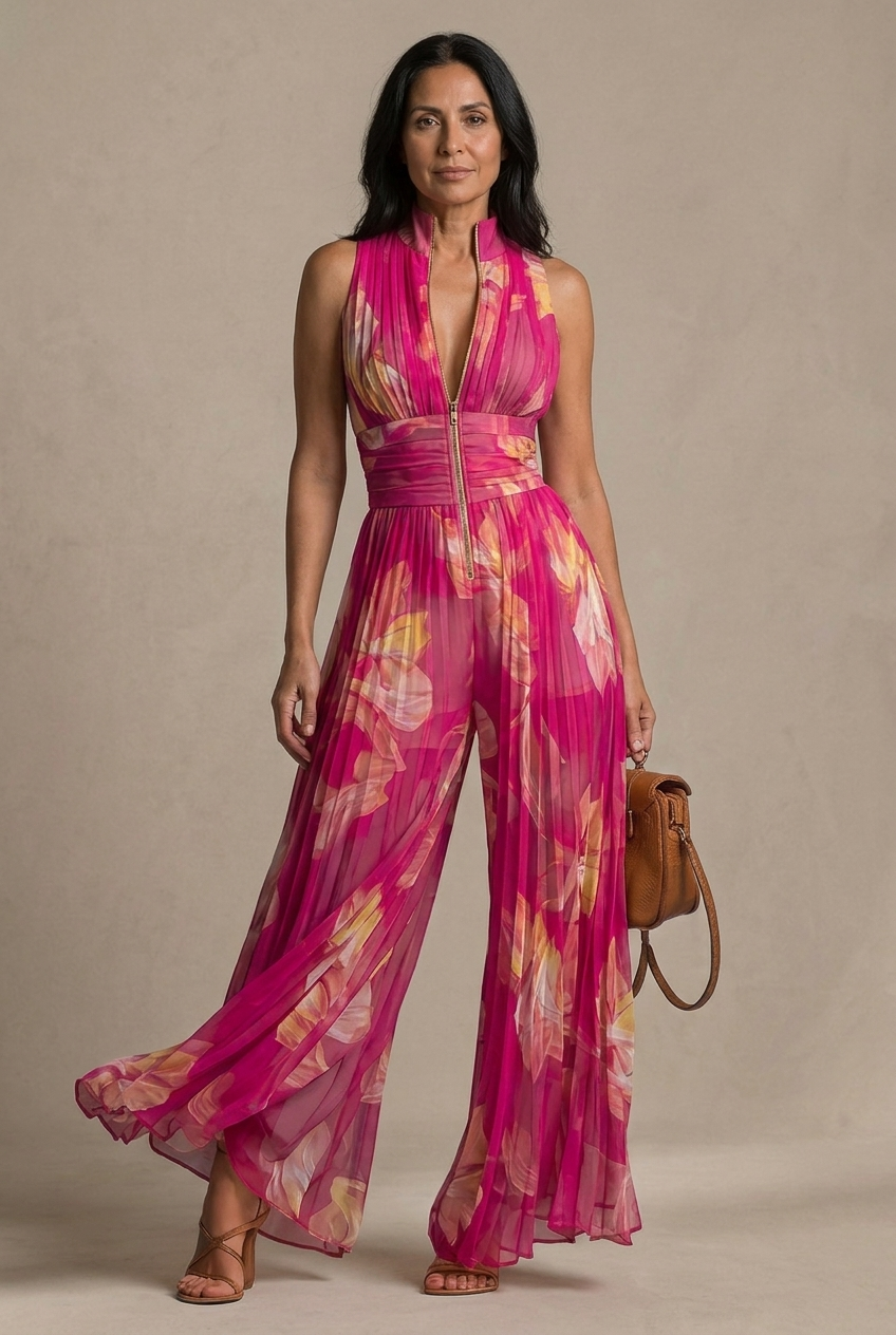 Nicole | Combinaison en mousseline de soie plissée à imprimé floral fuchsia