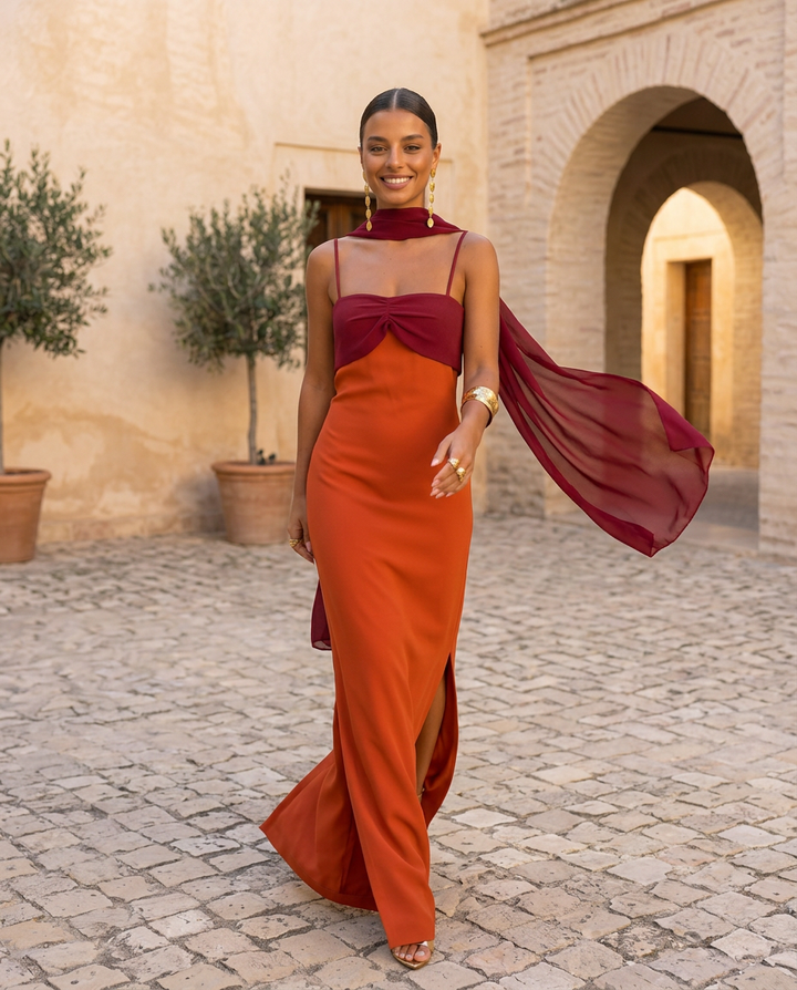 Robe orange avec encolure rouge