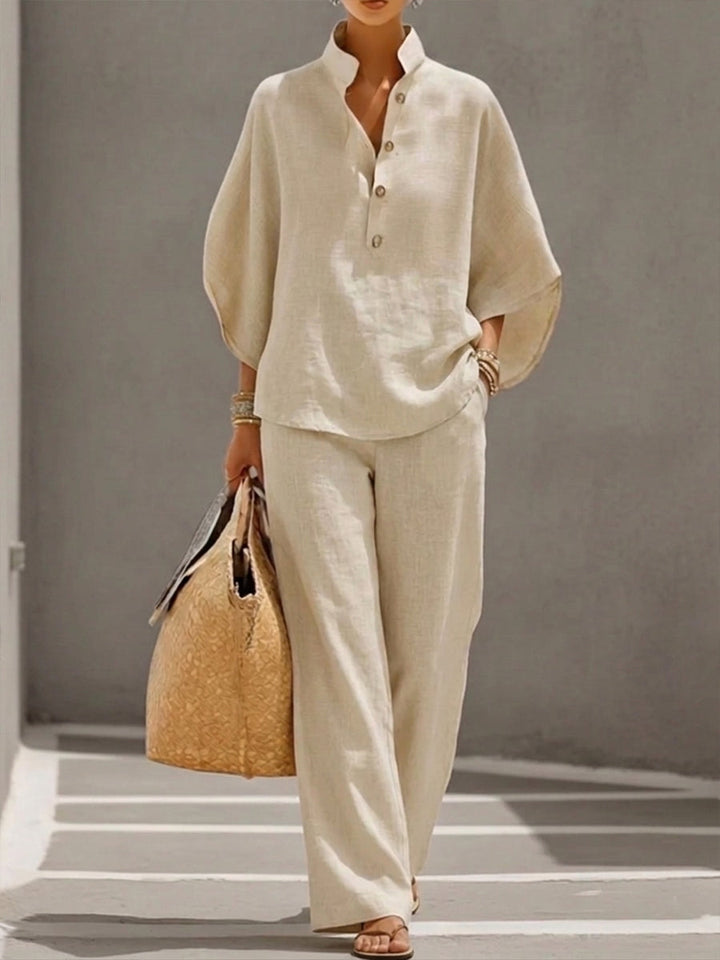 Mariel | Ensemble en coton et lin avec manches chauve-souris et pantalon large