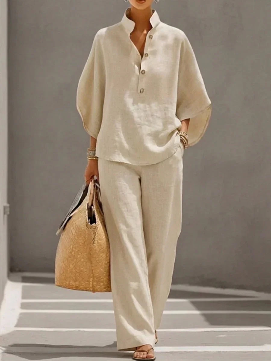 Maribel™ | Ensemble en lin avec manches chauve-souris et pantalon large