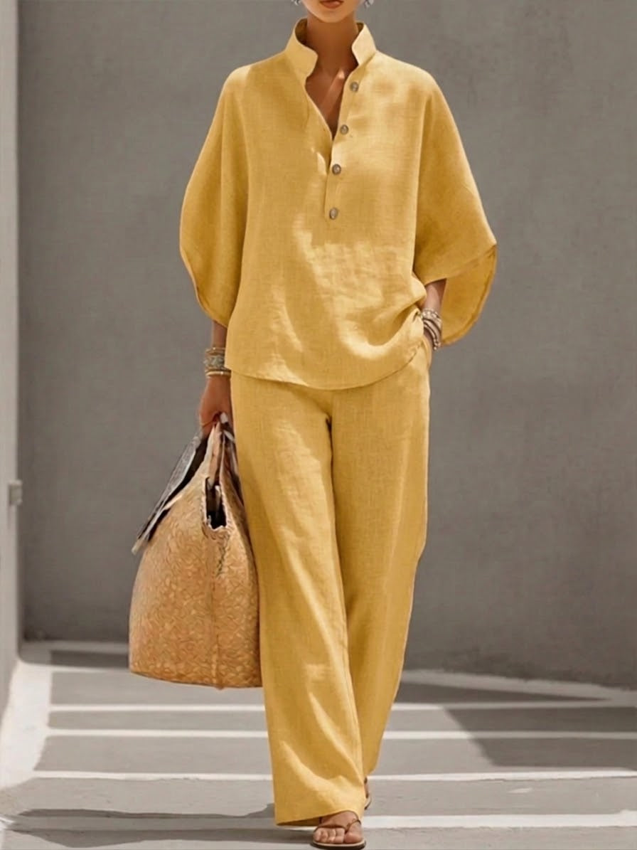 Mariel | Ensemble en coton et lin avec manches chauve-souris et pantalon large