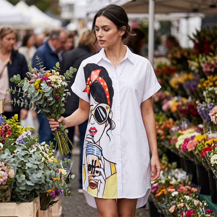 Robe-chemise imprimée pour femme, style portrait artistique