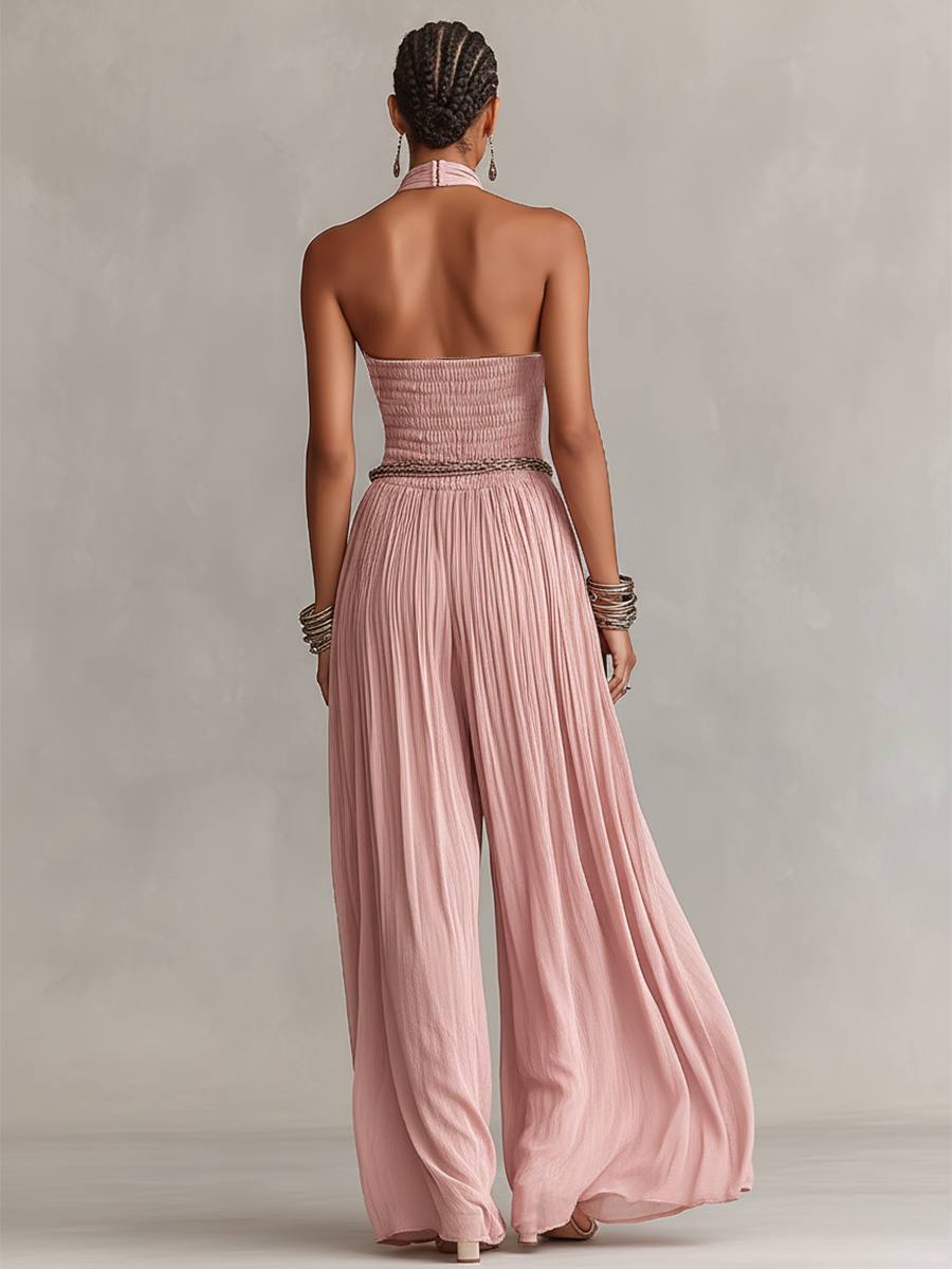 Margaux - Combinaison Plissée Femme en Rose avec Col Halter & Taille Froncée
